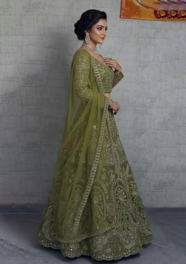 Green Embroidery Net Lehenga Set - Indya
