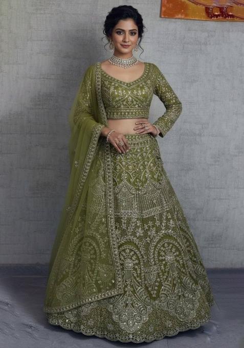 Green Embroidery Net Lehenga Set — view on Indya