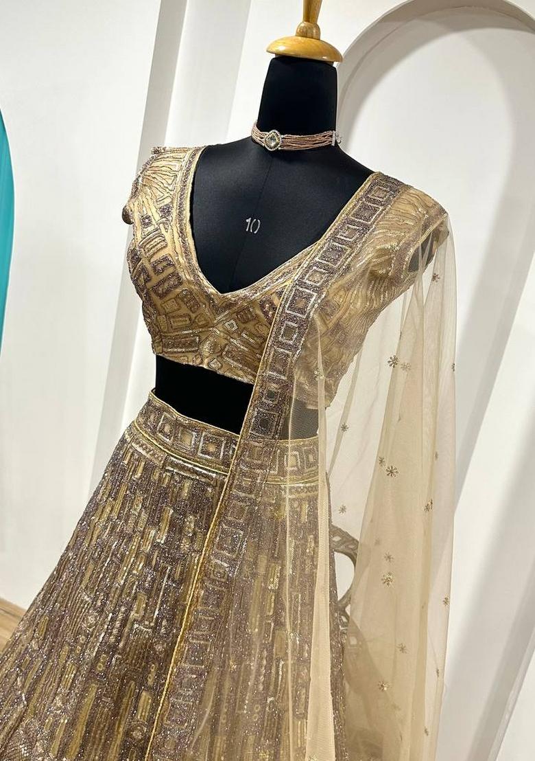 Gold Embroidery Net Lehenga Set - Indya