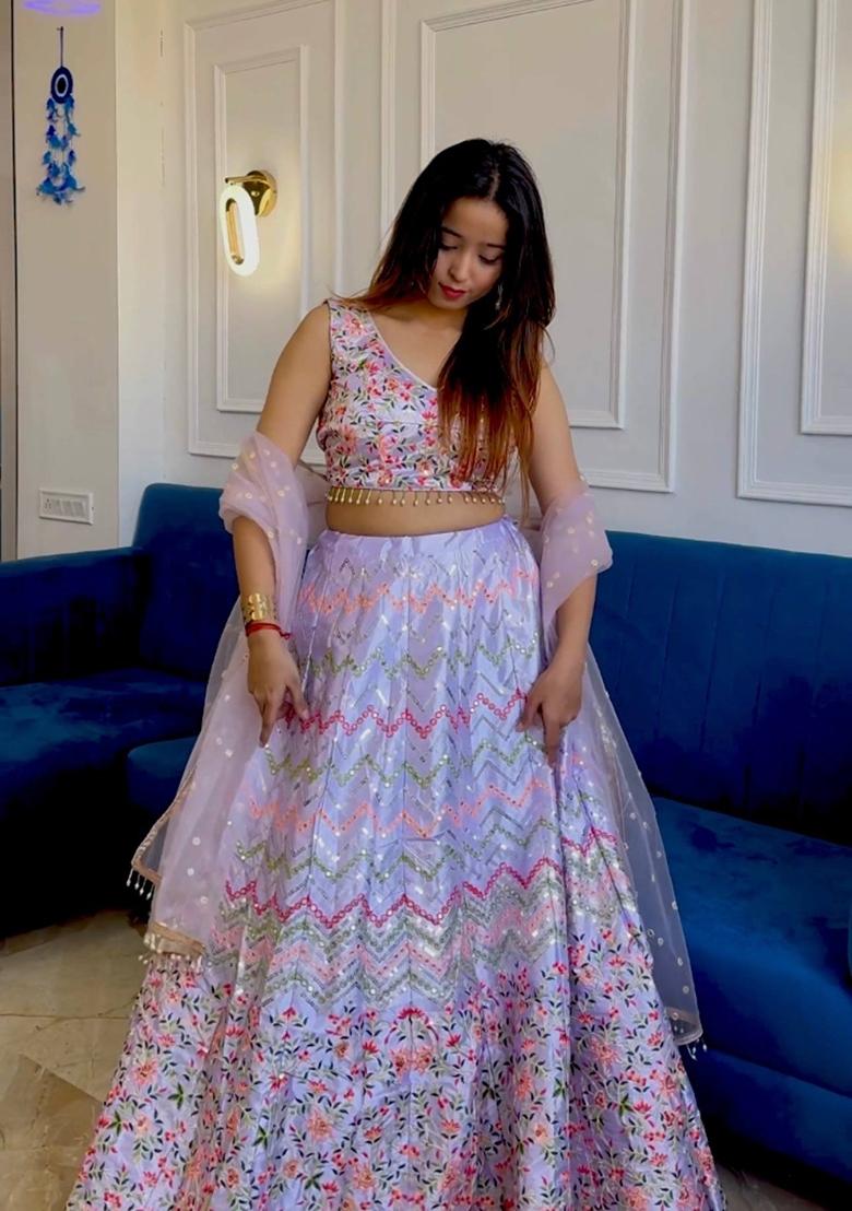 Lavender Embroidery Silk Lehenga Set - Indya