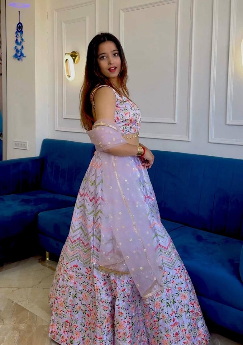 Lavender Embroidery Silk Lehenga Set - Indya
