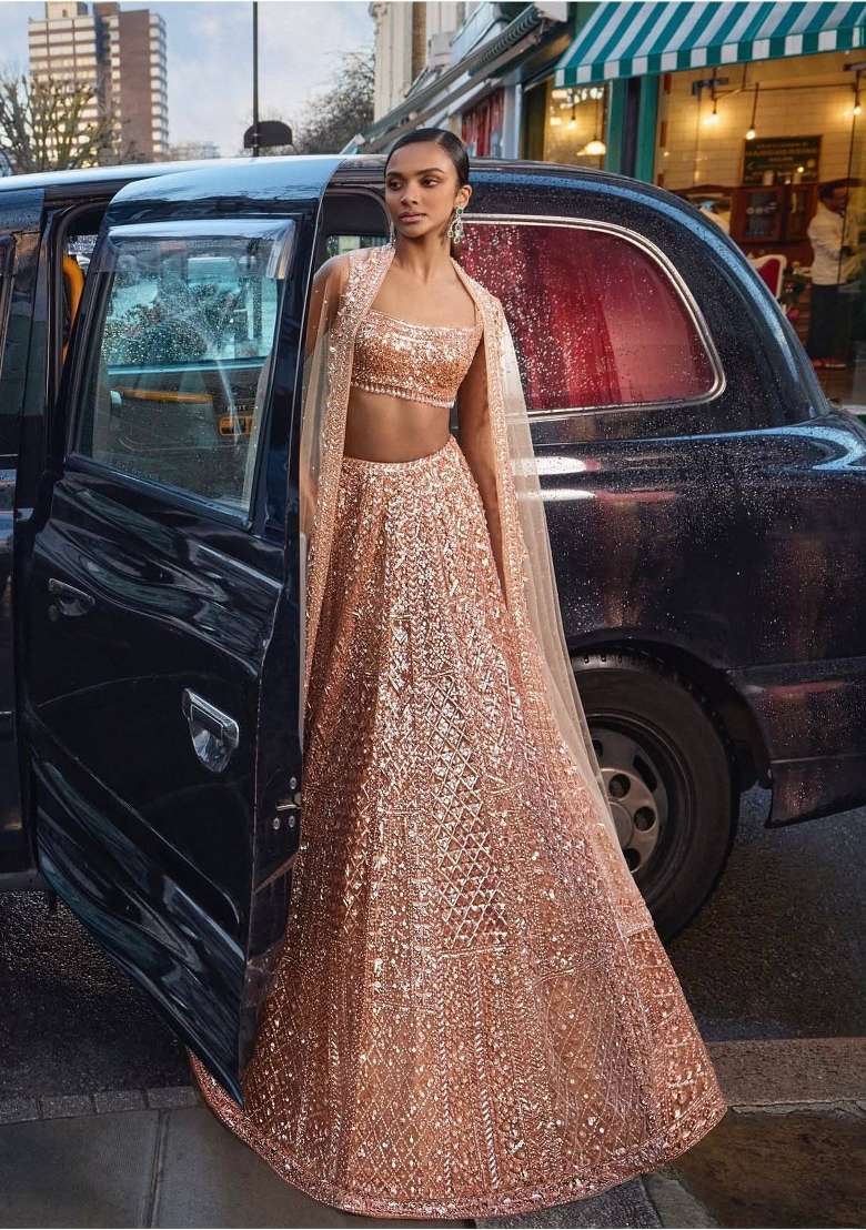 Pink Embroidery Net Lehenga Set for Diwali and Festive Wear - Indya