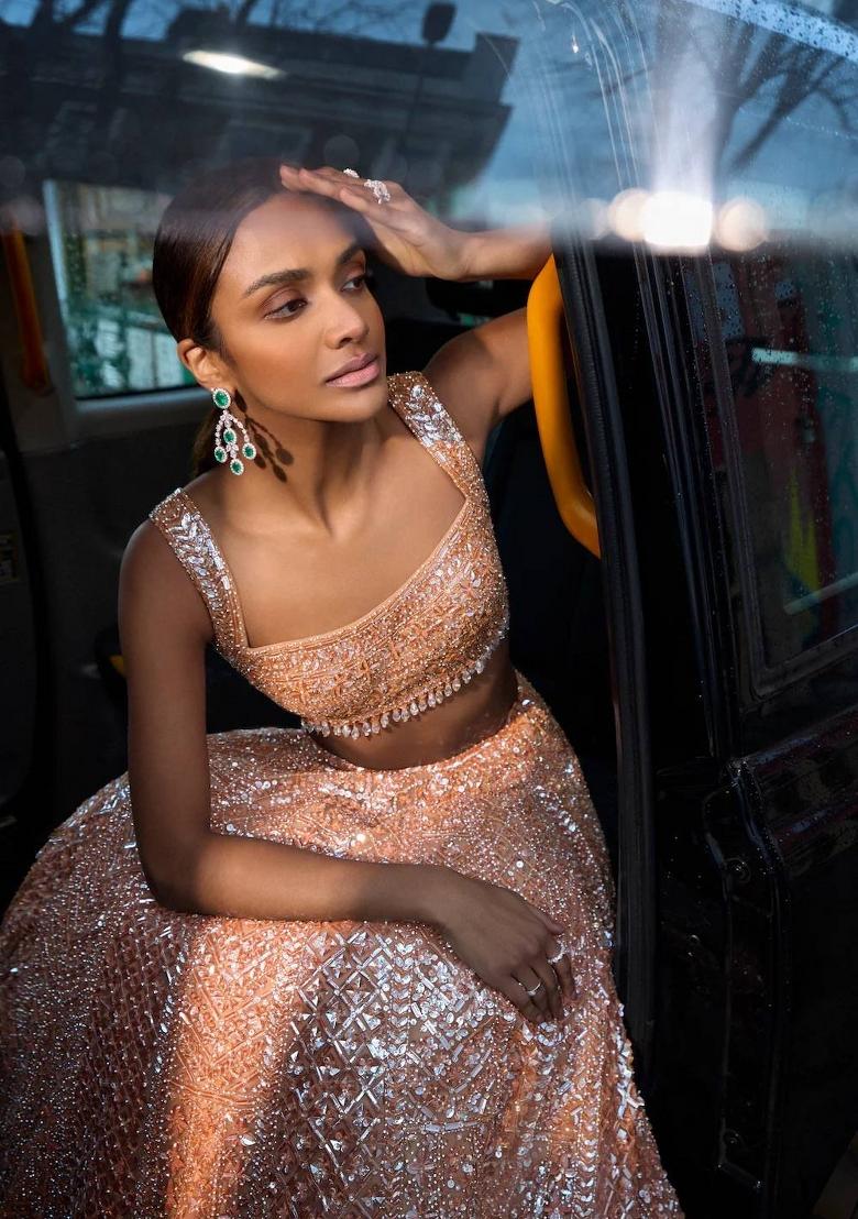 Pink Embroidery Net Lehenga Set - Indya