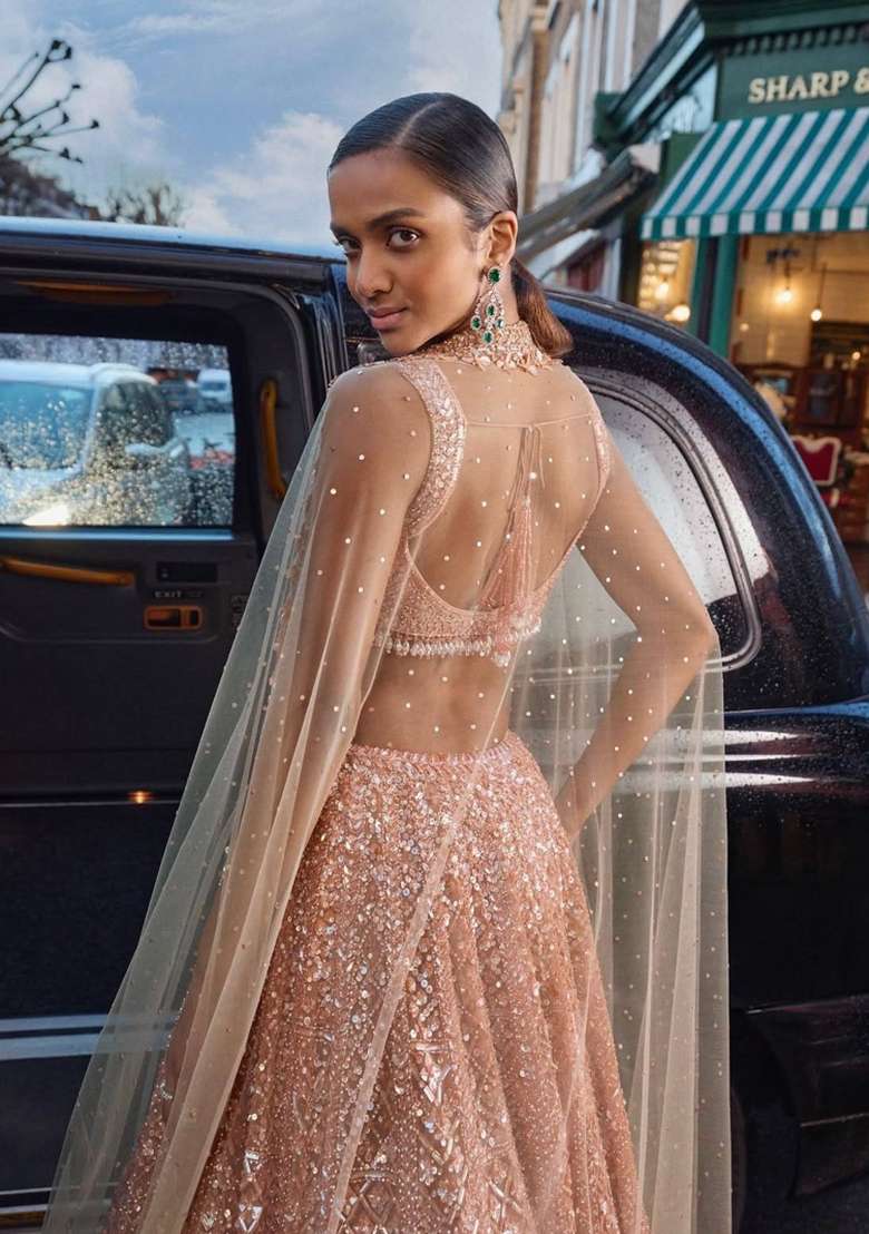 Pink Embroidery Net Lehenga Set for Diwali and Festive Wear - Indya