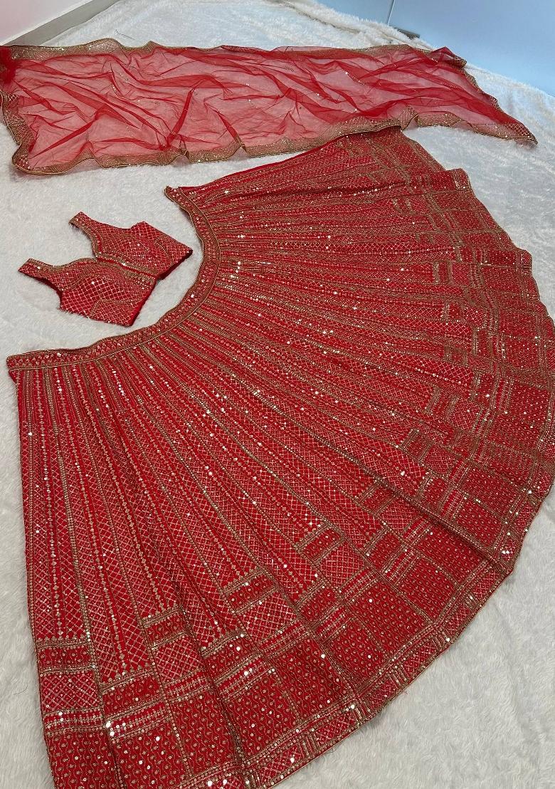 Red Embroidery Satin Lehenga Set - Indya