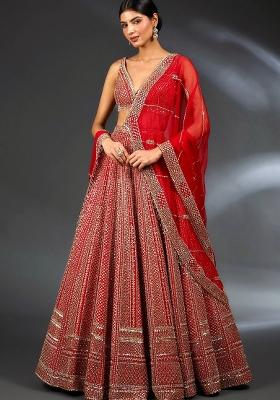 Red Embroidery Satin Lehenga Set