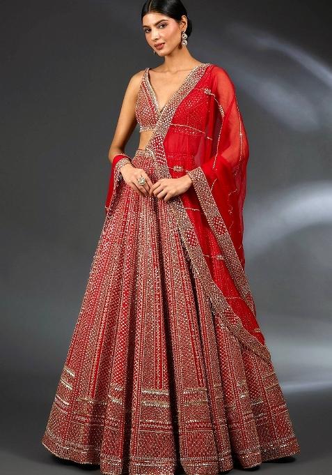 Red Embroidery Satin Lehenga Set