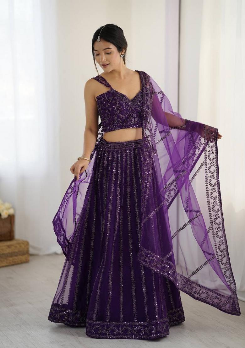 Purple Embroidery Net Lehenga Set - Indya