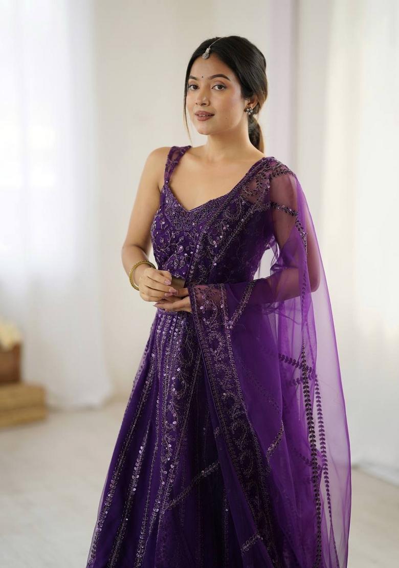 Purple Embroidery Net Lehenga Set - Indya