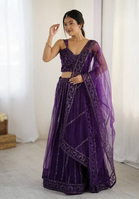 Purple Embroidery Net Lehenga Set — view on Indya