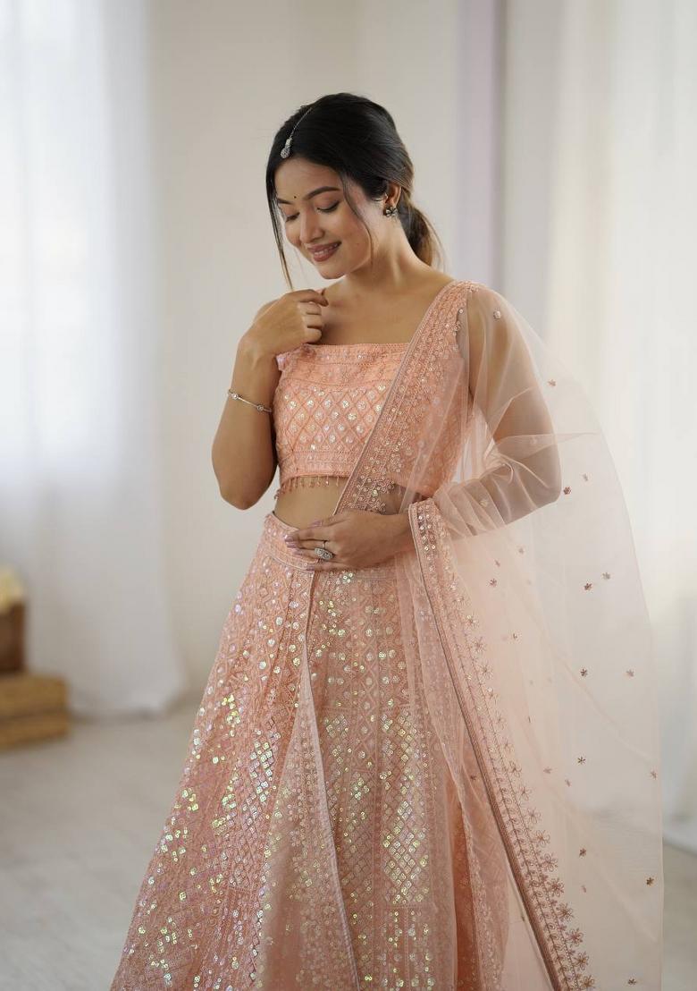 Pink Embroidery Net Lehenga Set - Indya