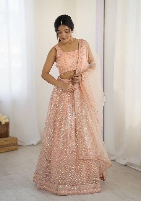 Pink Embroidery Net Lehenga Set