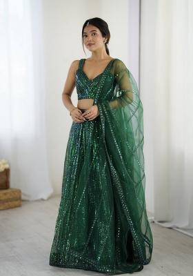 Green Embroidery Net Lehenga Set