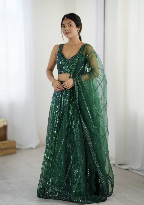 Green Embroidery Net Lehenga Set — view on Indya