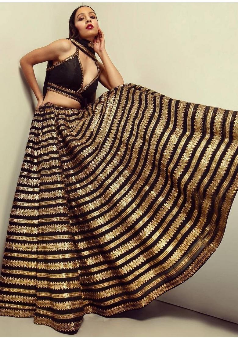 Black Embroidery Silk Lehenga Set - Indya