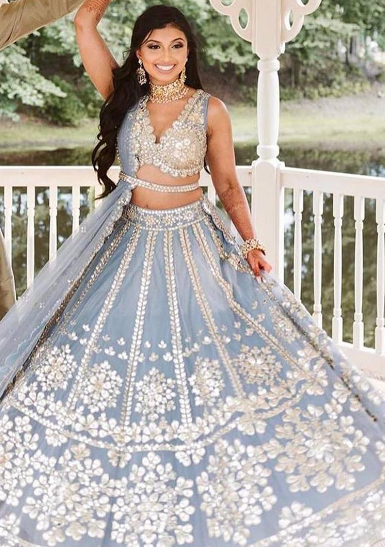Grey Embroidery Net Lehenga Set - Indya