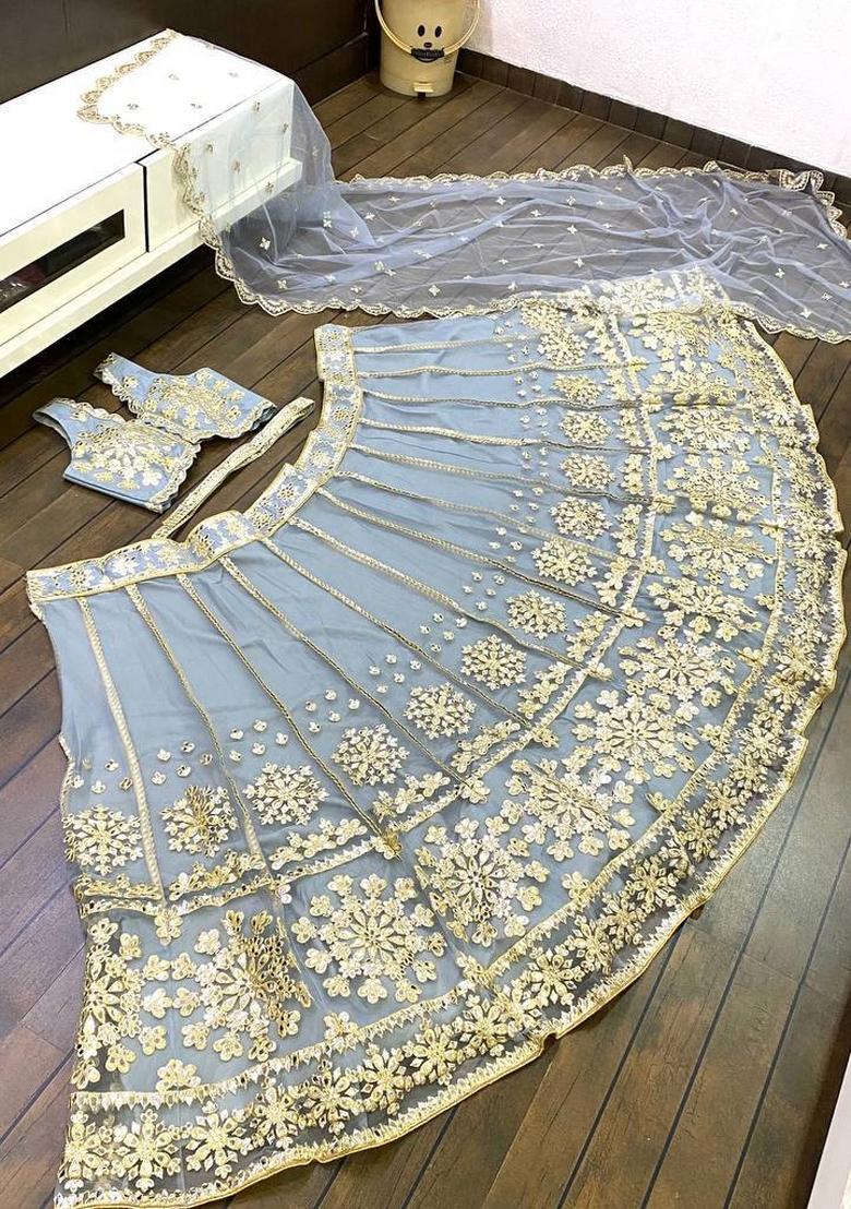 Grey Embroidery Net Lehenga Set - Indya