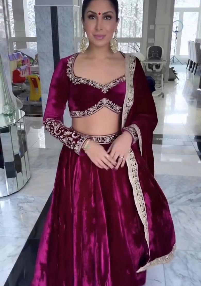 Purple Embroidery Velvet Lehenga Set - Indya