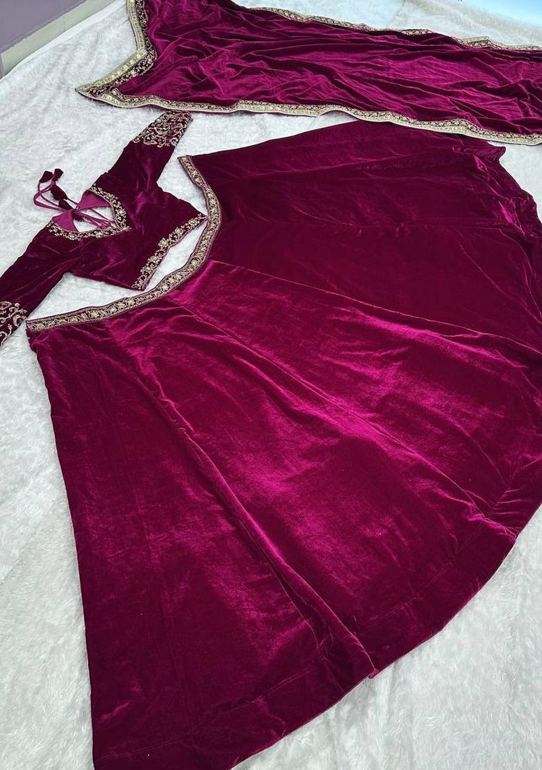 Purple Embroidery Velvet Lehenga Set - Indya