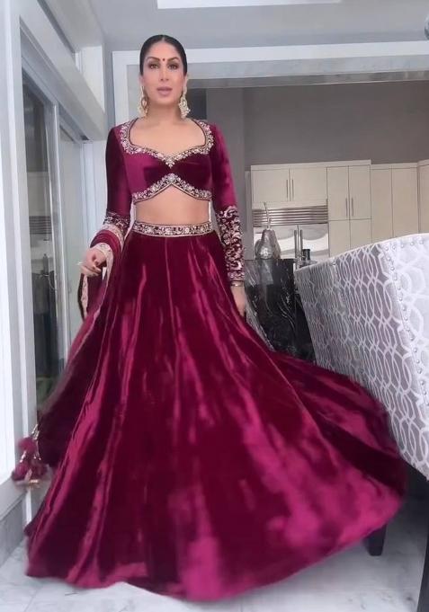 Purple Embroidery Velvet Lehenga Set — view on Indya
