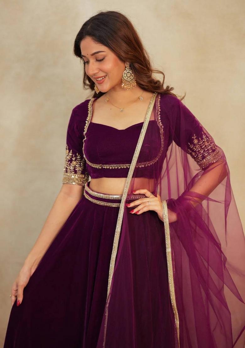 Purple Embroidery Velvet Lehenga Set - Indya