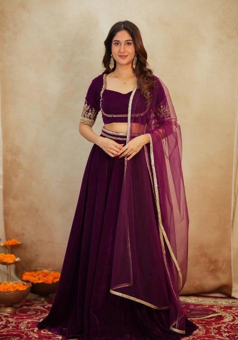 Purple Embroidery Velvet Lehenga Set