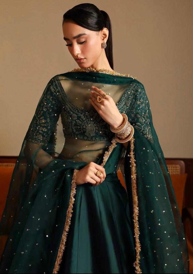 Green Embroidery Satin Lehenga Set - Indya
