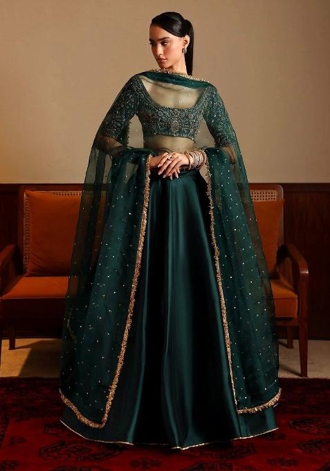 Green Embroidery Satin Lehenga Set