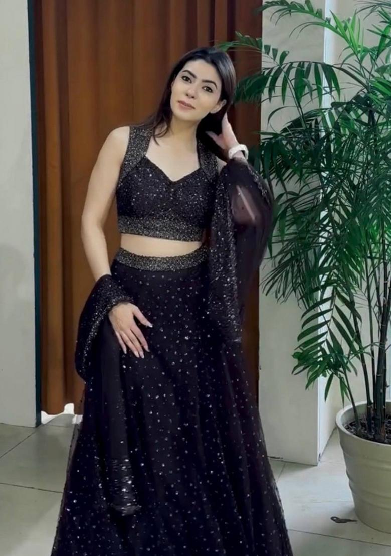 Black Embroidery Net Lehenga Set - Indya