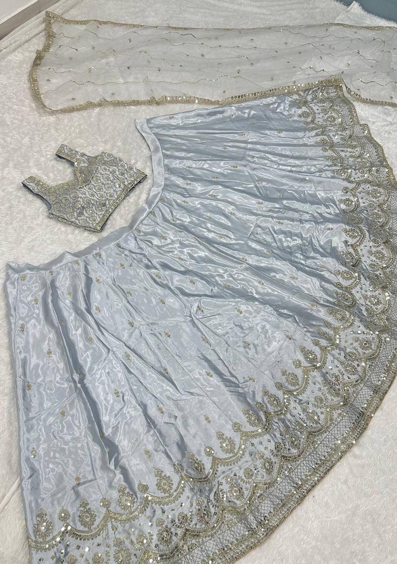 Grey Embroidery Silk Lehenga Set - Indya
