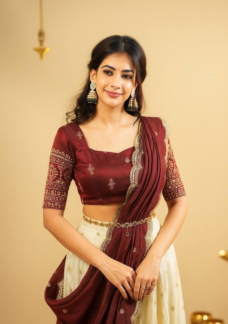 Maroon Embroidery Silk Lehenga Set - Indya