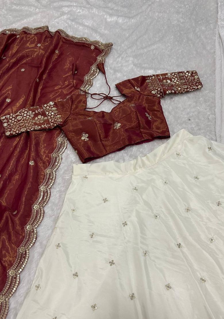 Maroon Embroidery Silk Lehenga Set - Indya
