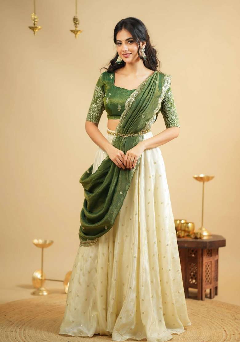Green Silk Blend Lehenga Set with Embroidery for Diwali | Wedding & Festive Wear - Indya