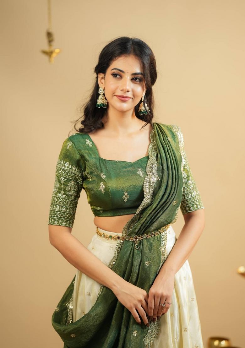 Green Embroidery Silk Lehenga Set - Indya