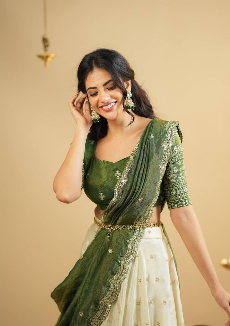 Green Embroidery Silk Lehenga Set - Indya