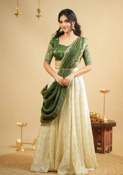 Green Embroidery Silk Blend Lehenga Set