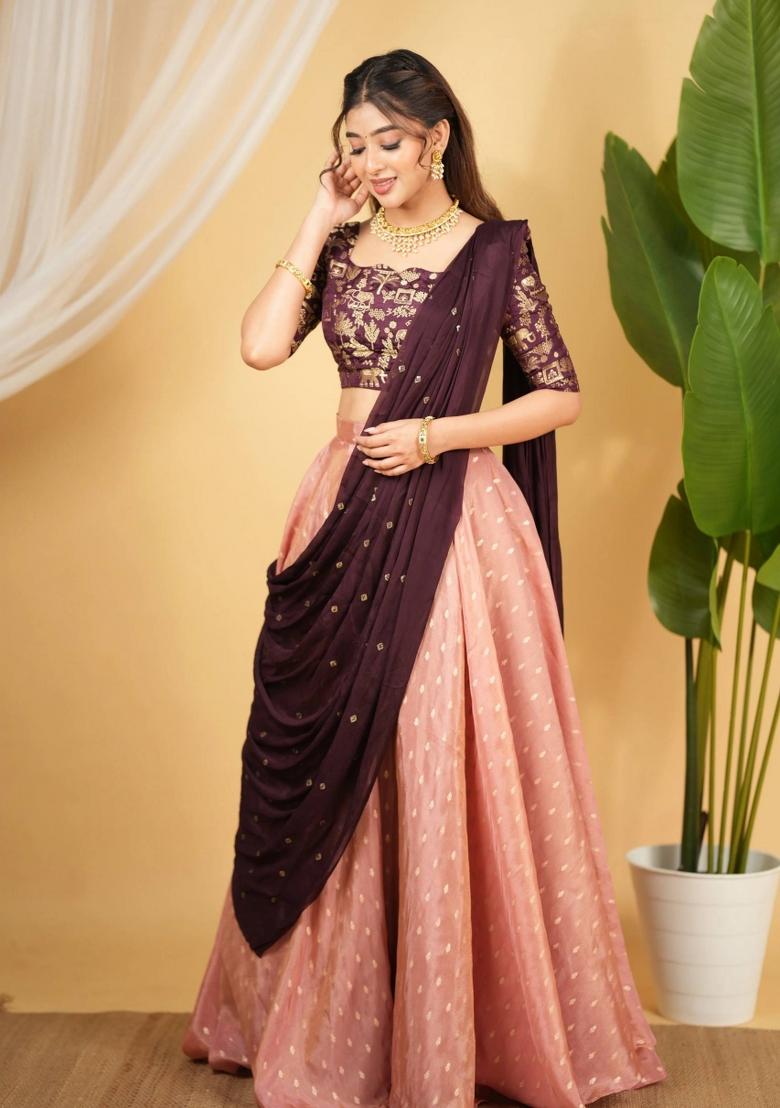Purple Embroidery Silk Lehenga Set - Indya