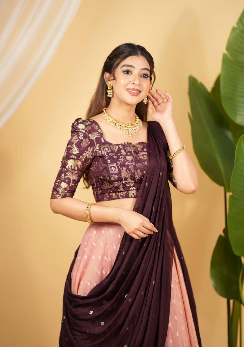 Purple Embroidery Silk Lehenga Set - Indya
