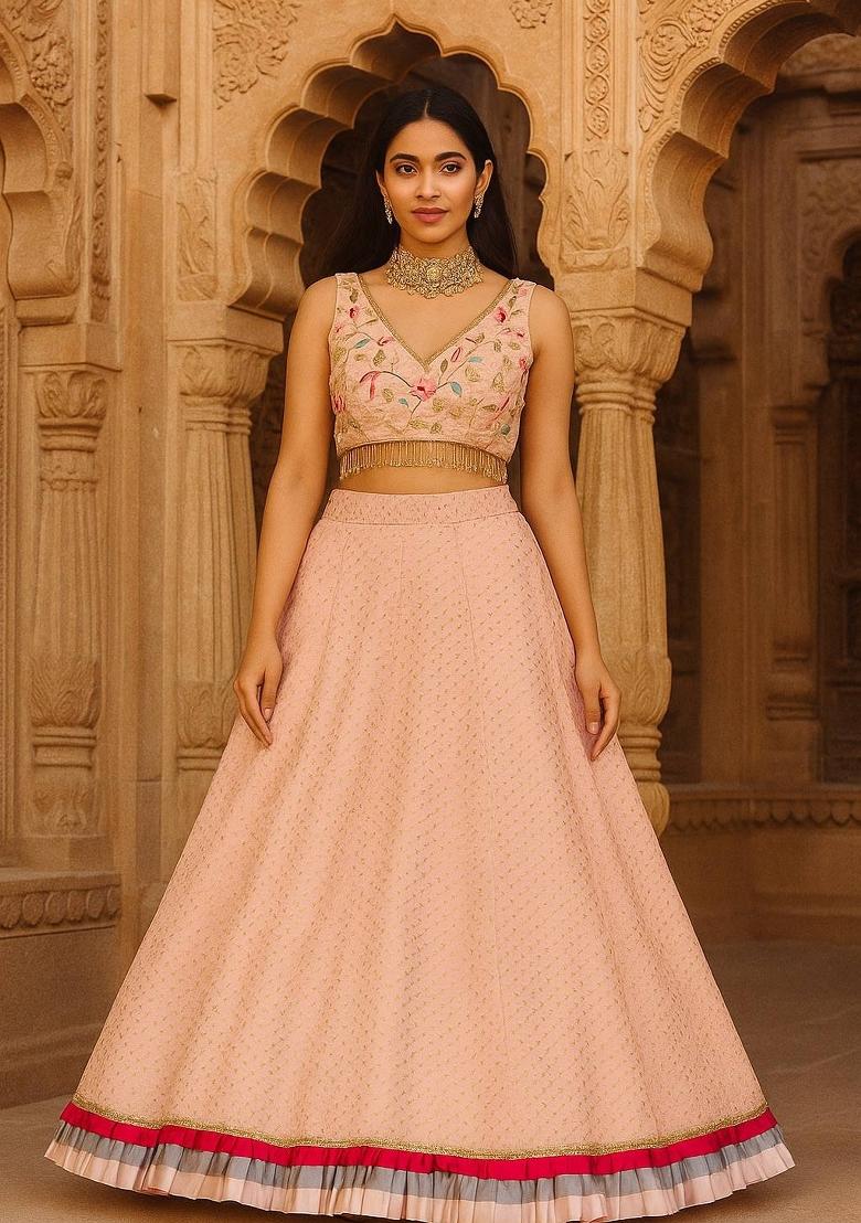 Pink Embroidery Georgette Lehenga Set - Indya