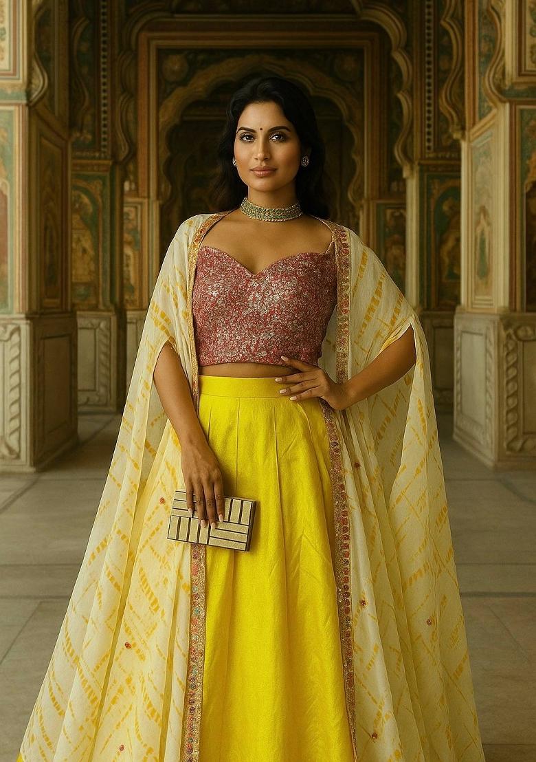 Yellow Embroidery Silk Lehenga Set - Indya