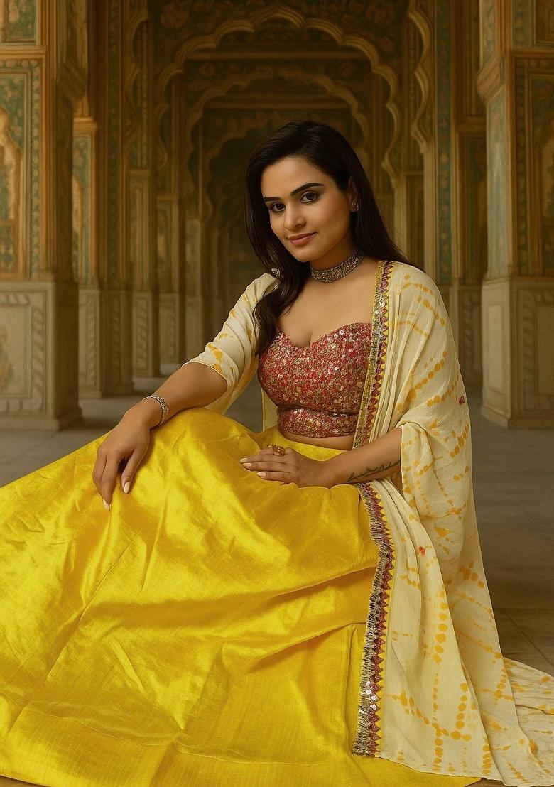 Yellow Embroidery Silk Lehenga Set - Indya