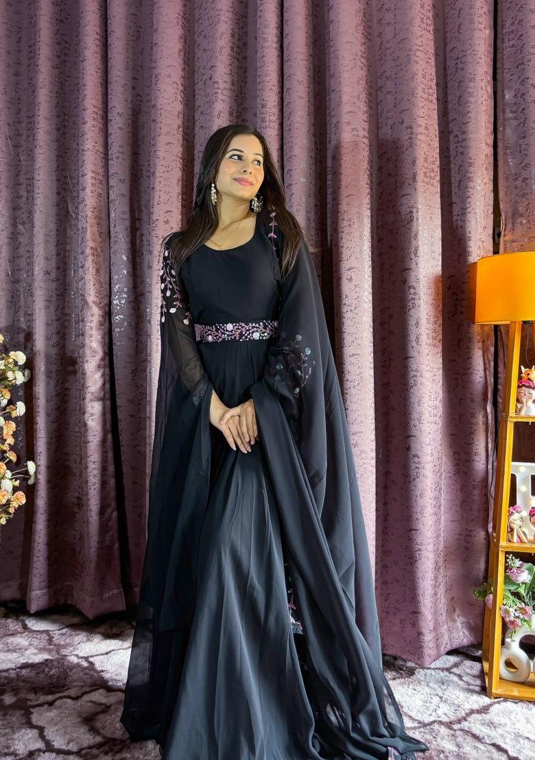 Black Embroidery Georgette Lehenga Set - Indya