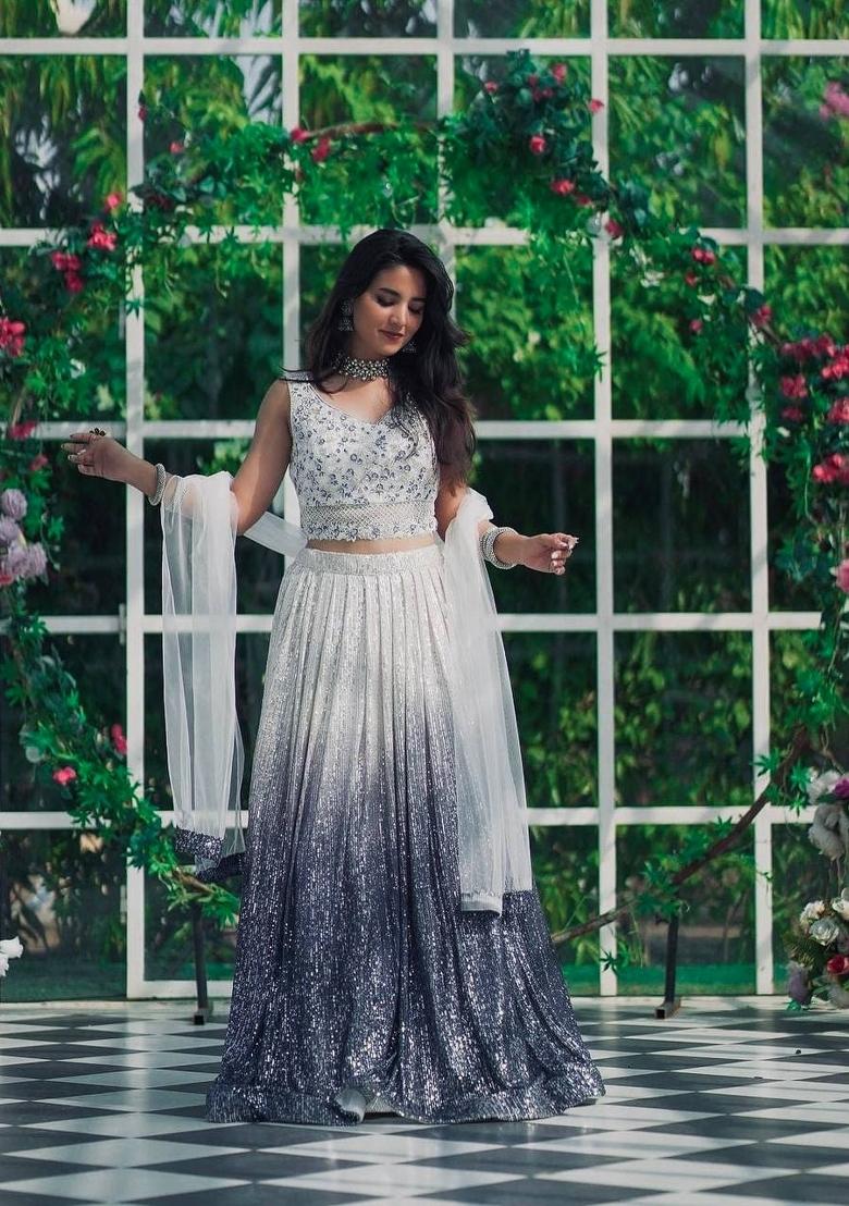 White Embroidery Georgette Lehenga Set - Indya