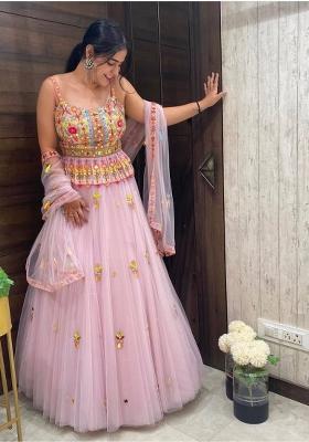 Pink Embroidery Net Lehenga Set