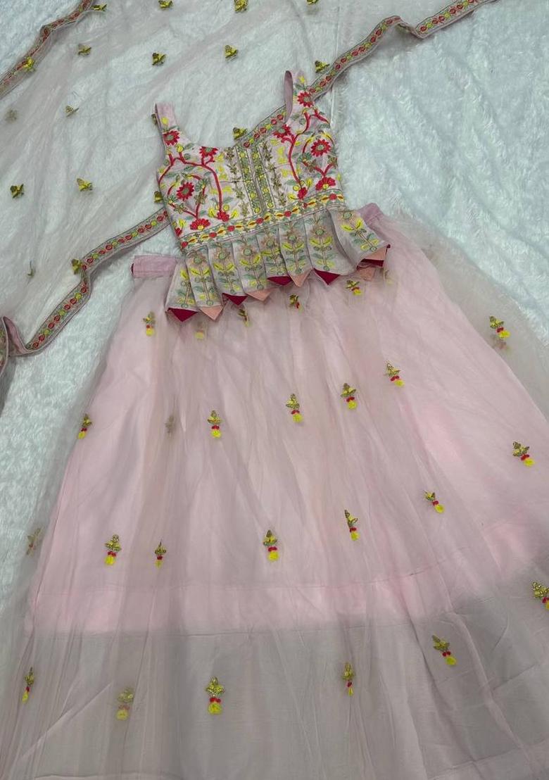 Pink Embroidery Net Lehenga Set - Indya