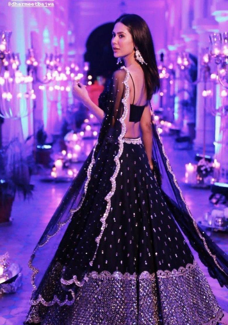 Black Embroidery Georgette Lehenga Set - Indya