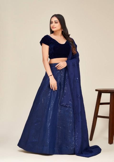 Blue Embroidery Silk Blend Lehenga Set
