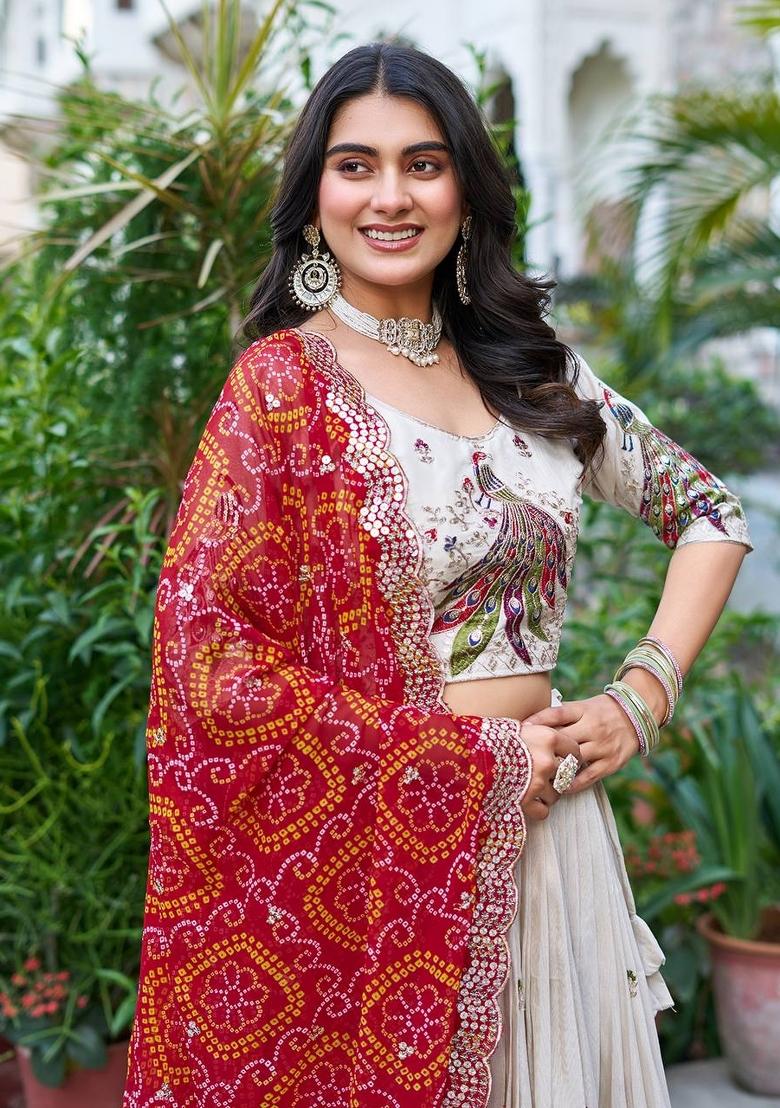 Red Embroidery Silk Lehenga Set - Indya