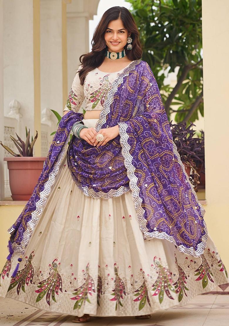Purple Embroidery Silk Lehenga Set - Indya