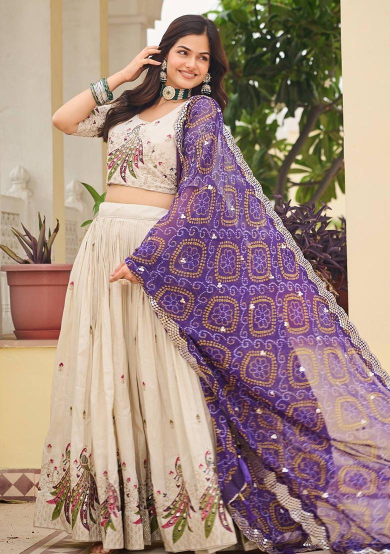 Purple Embroidery Silk Lehenga Set - Indya